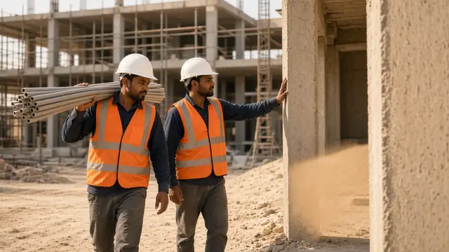 عاملان من بنجلاديش بخوذة وسترة أمان في موقع بناء
