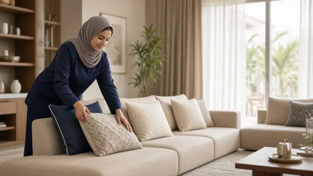 عاملة منزلية ترتب الوسائد في صالة منزل