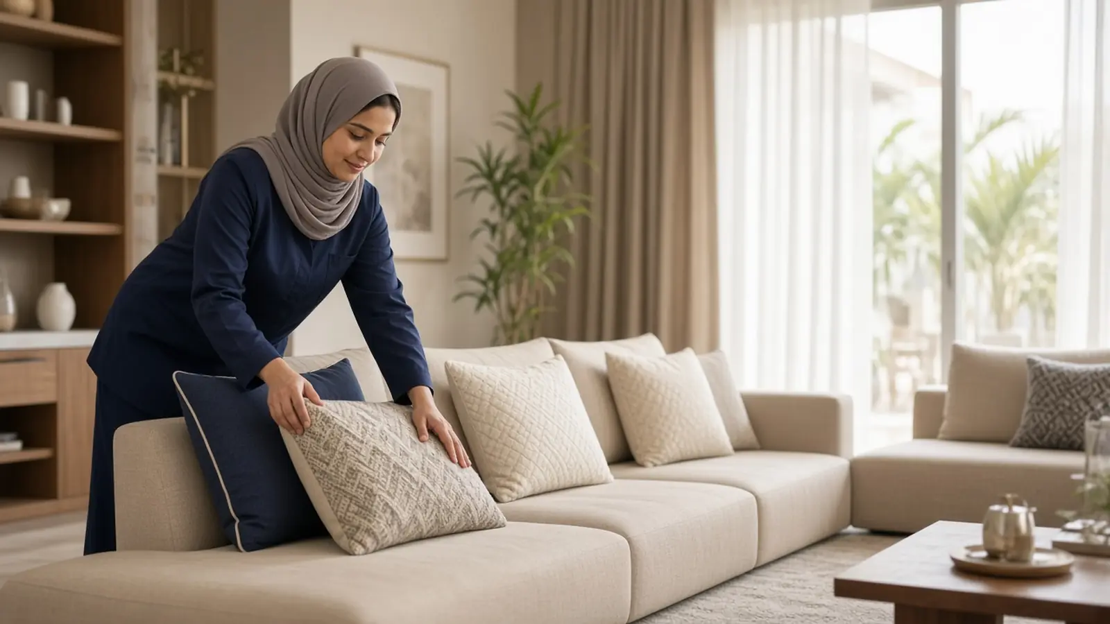 عاملة منزلية ترتب الوسائد في صالة منزل
