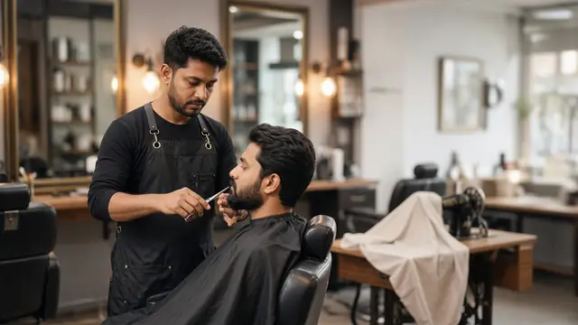 حلاق من بنجلاديش يهذب لحية زبون في صالون